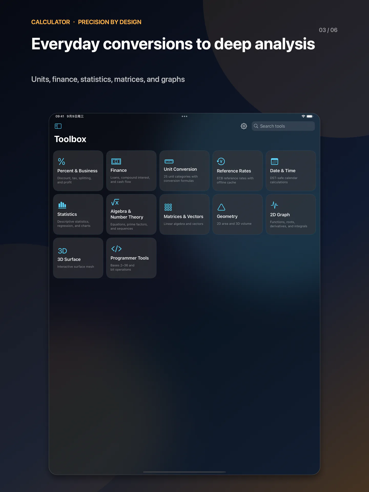 iPad 13″ · Conversion, date and analysis tools