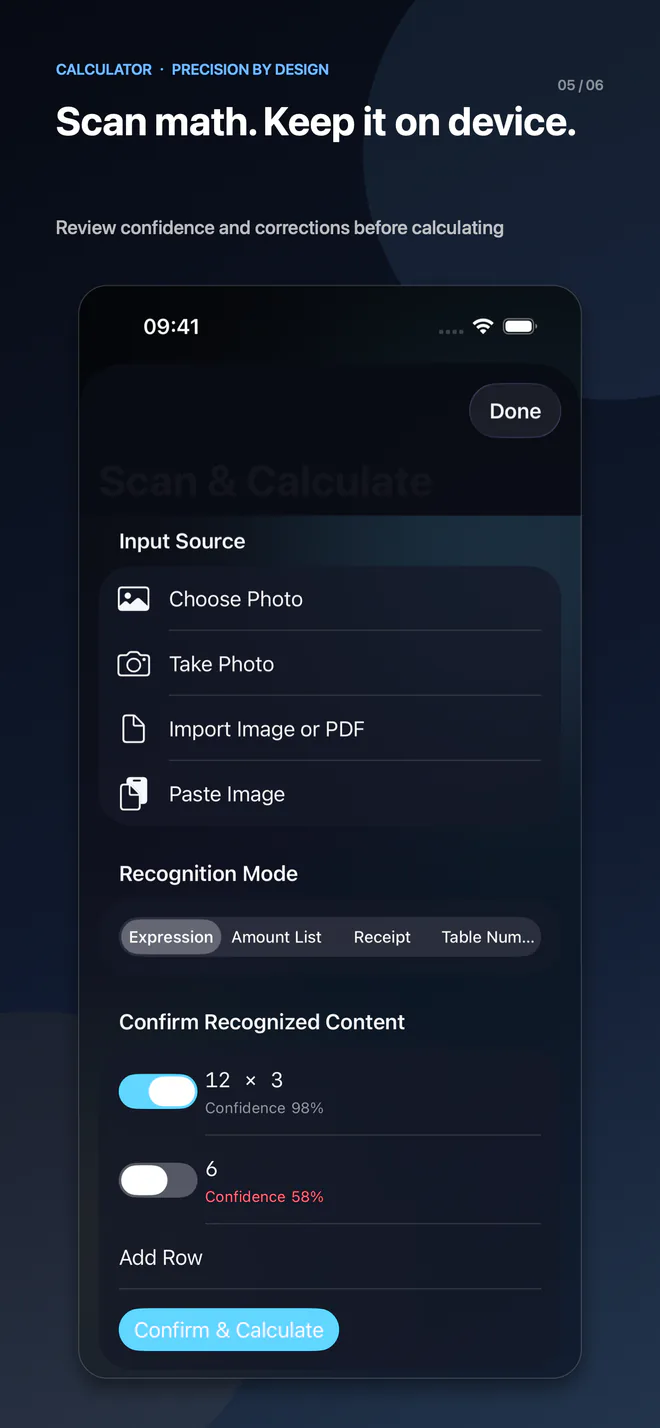 iPhone 6.5″ · On-device OCR, reviewed before calculation