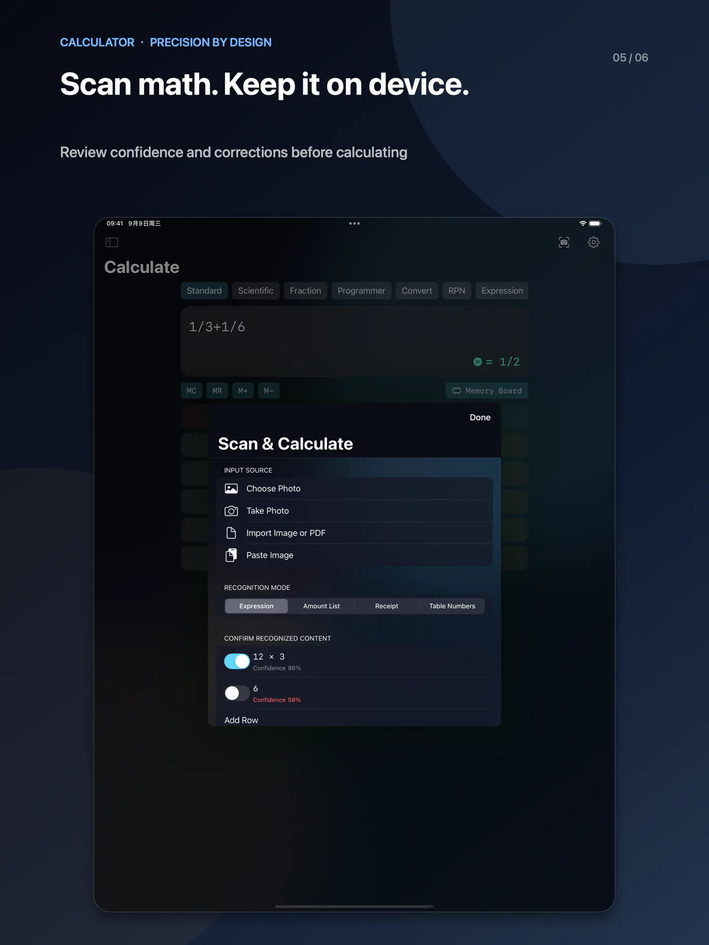 iPad 13″ · On-device OCR, reviewed before calculation