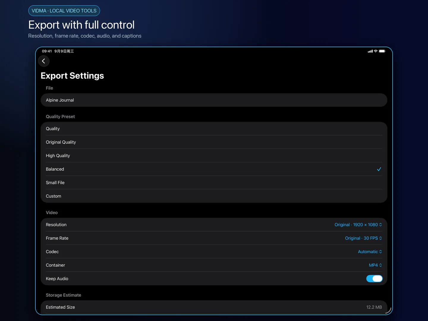 iPad export settings